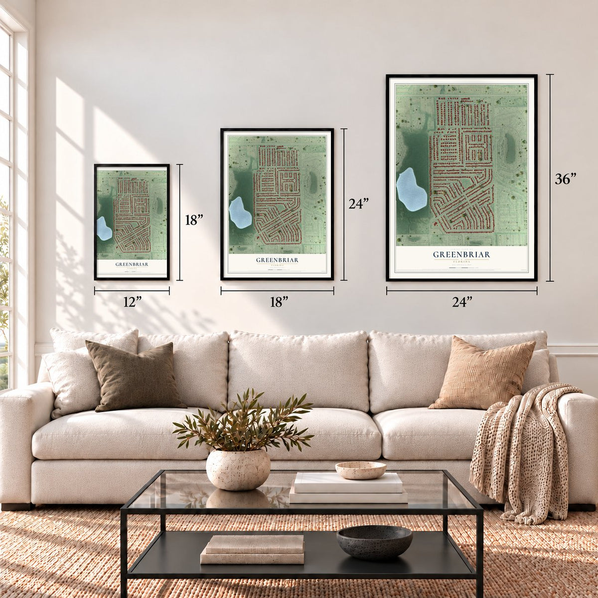 Greenbriar, Florida map in 12 x 18, 18 x 24 and 24 x 36 inch sizes above a sofa