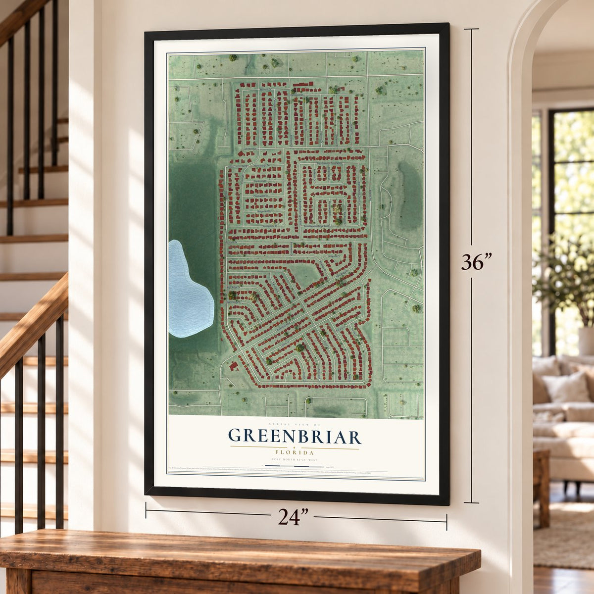 Greenbriar, Florida map, 24 x 36 inch print in a black frame by a staircase
