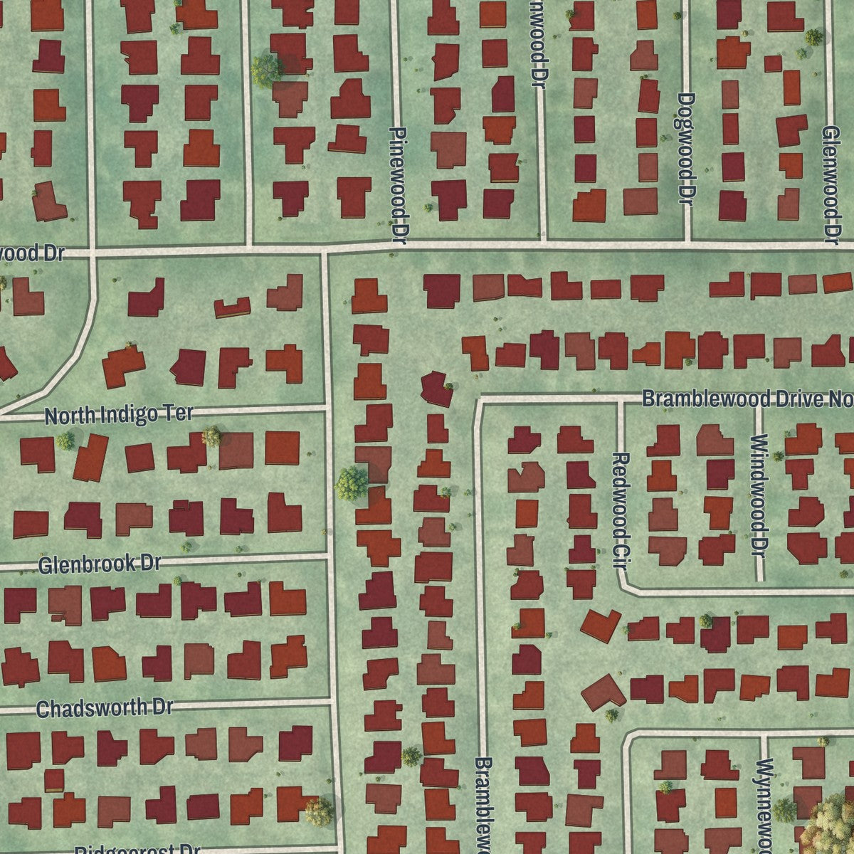 Close-up of the map of Greenbriar, Florida print showing street and building detail