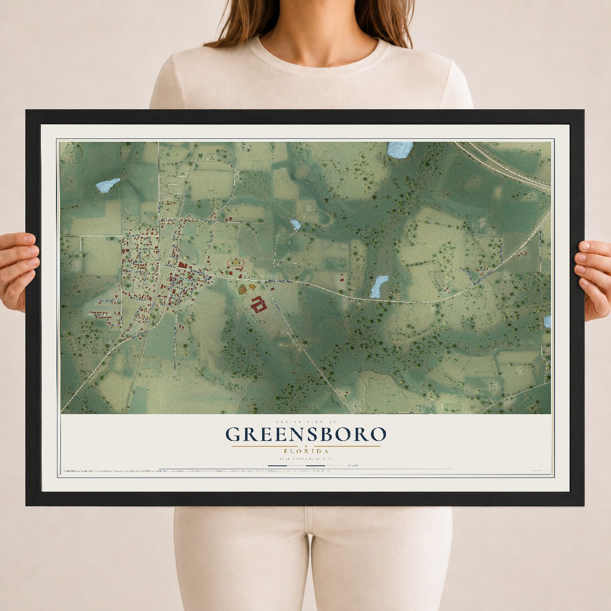Greensboro, Florida map print, 18" x 24" W/ Black Ayous Wood Frame mockup