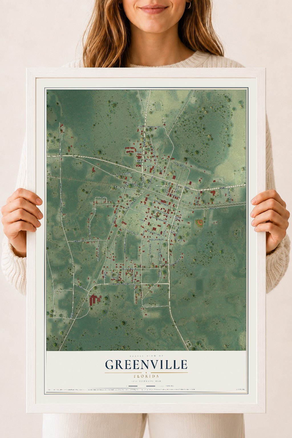 Greenville, Florida map print, 18" x 24" W/ White Ayous Wood Frame mockup