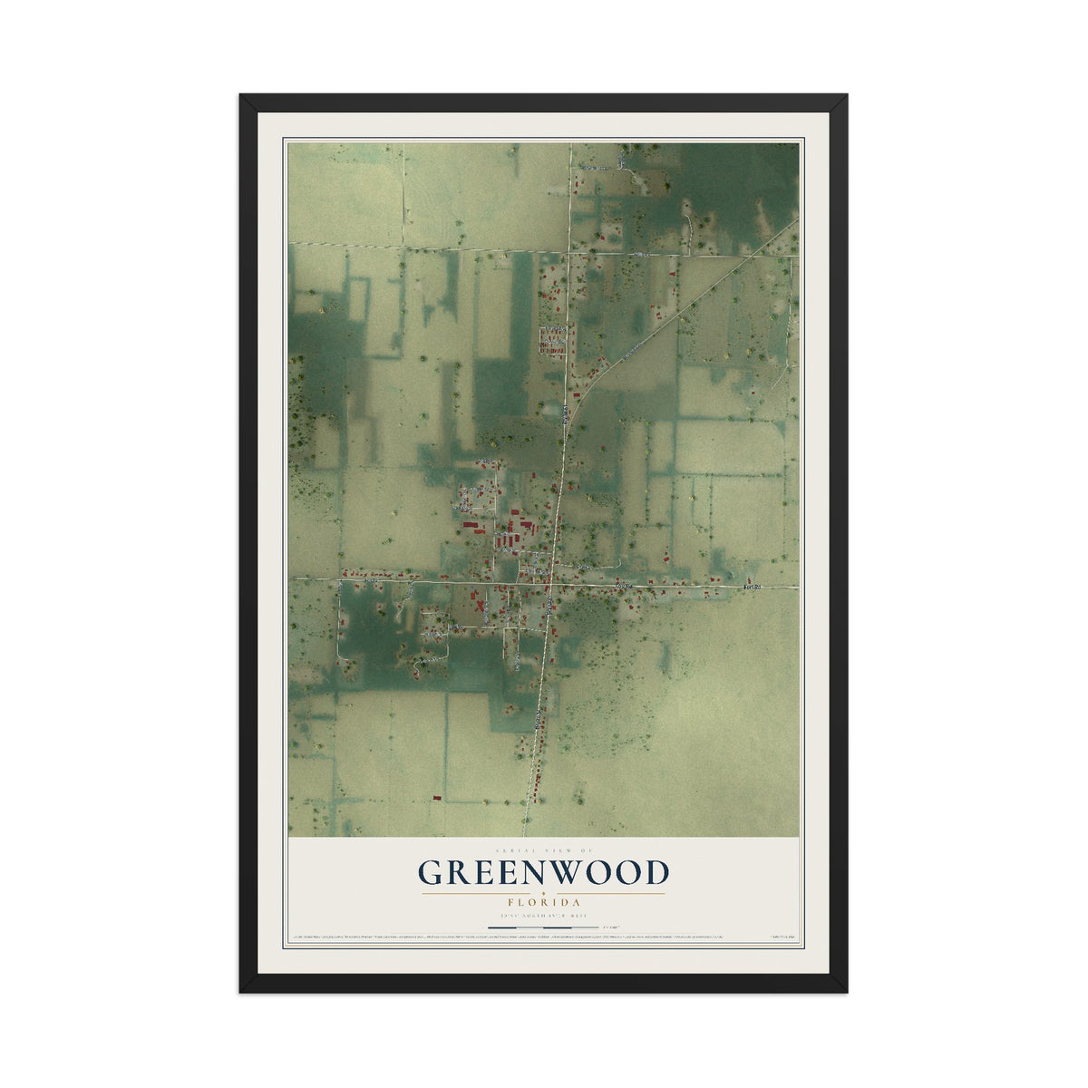Greenwood, Florida map print, 12" x 18" W/ Black Ayous Wood Frame mockup