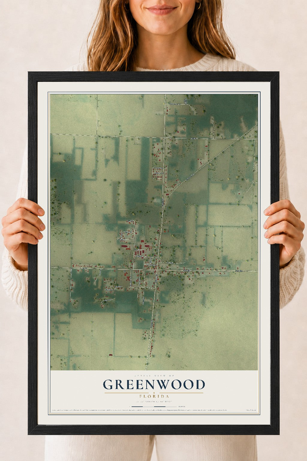 Greenwood, Florida map print, 18" x 24" W/ Black Ayous Wood Frame mockup