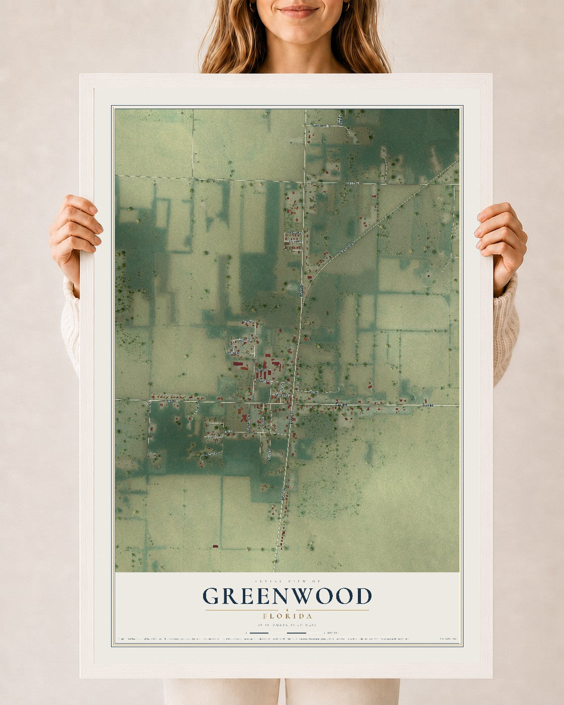 Greenwood, Florida map print, 24" x 36" W/ White Ayous Wood Frame mockup