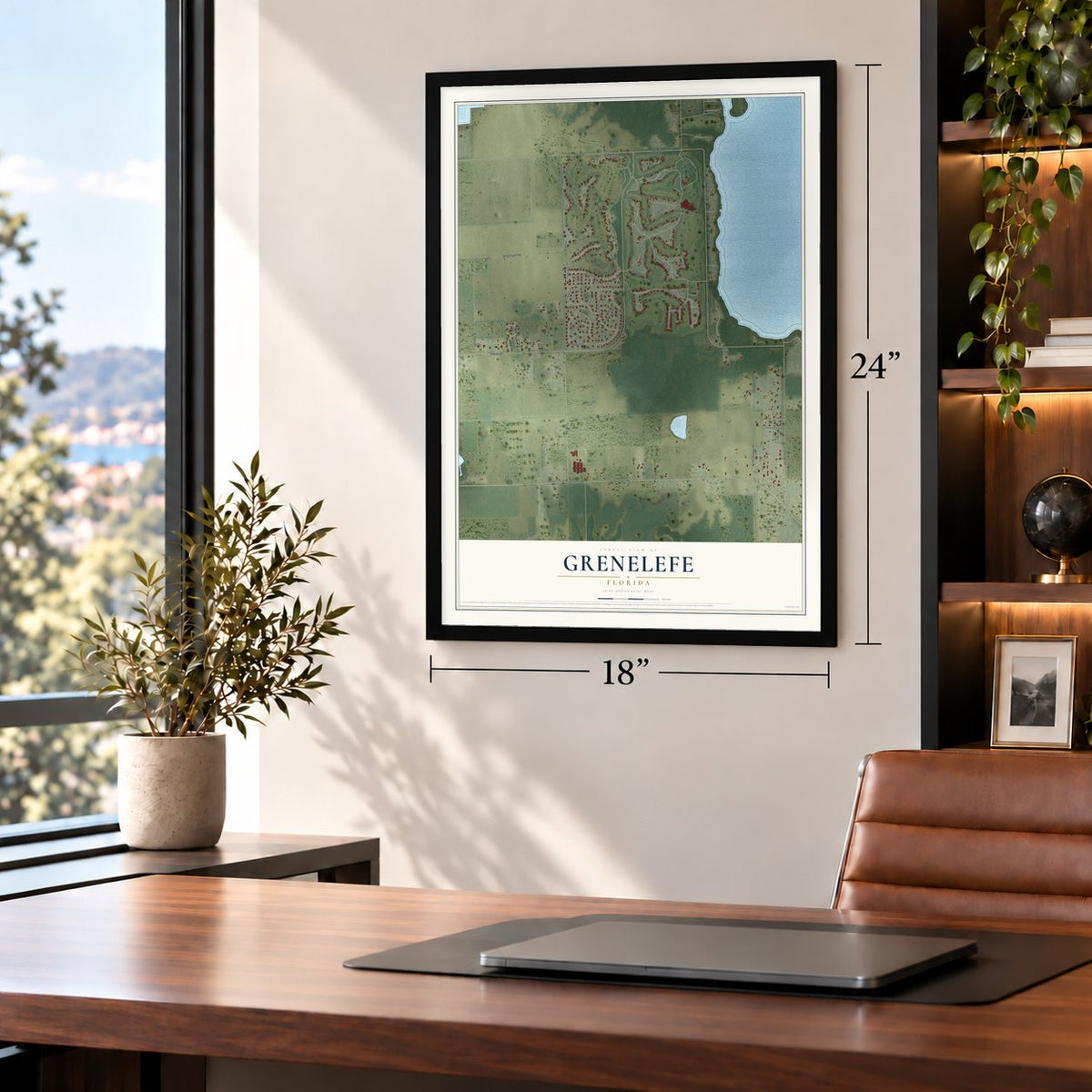 Grenelefe, Florida map, 18 x 24 inch print in a black frame in a home office