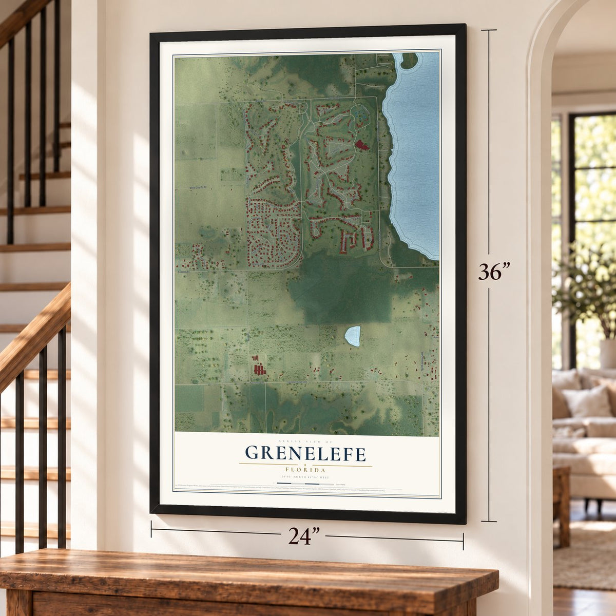 Grenelefe, Florida map, 24 x 36 inch print in a black frame by a staircase