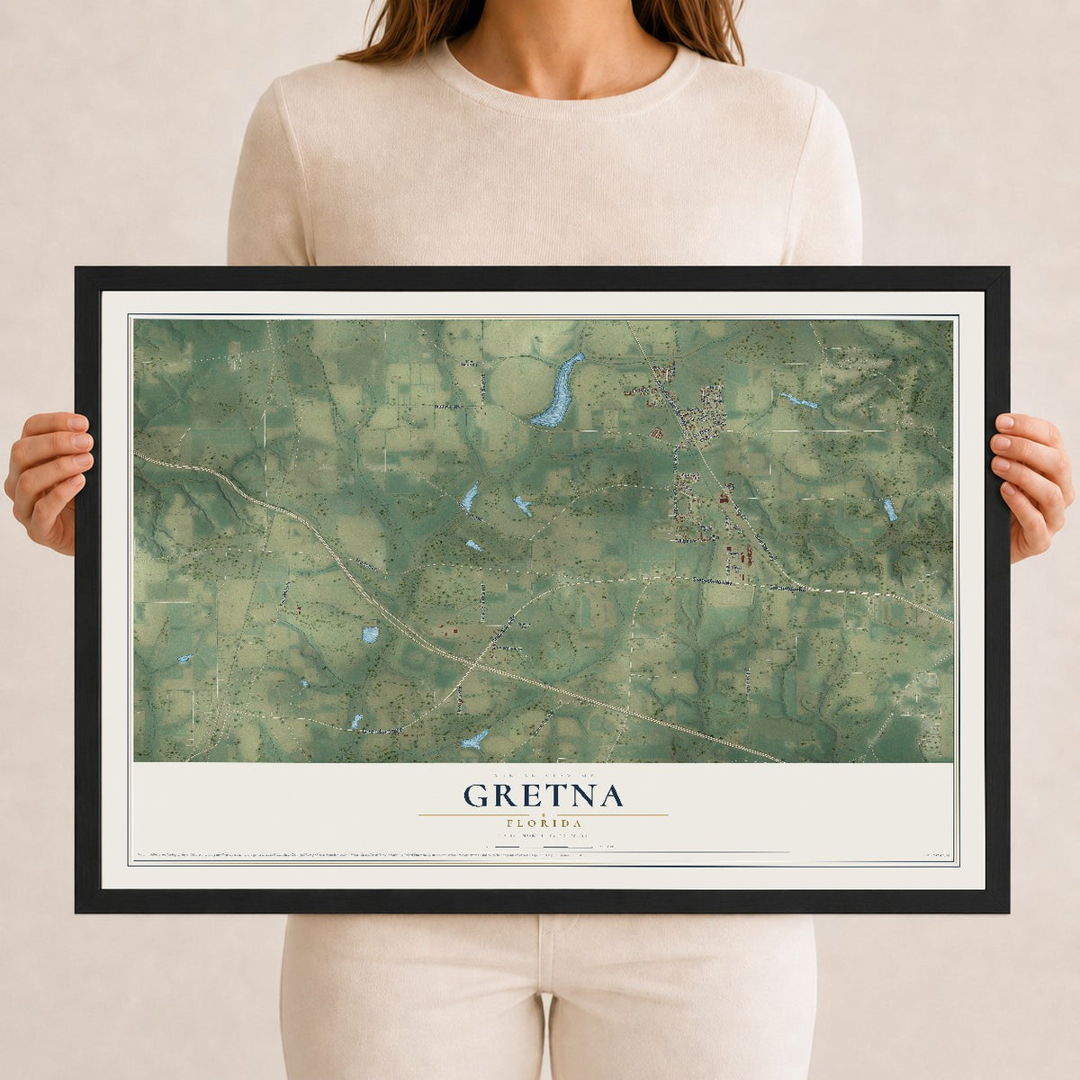 Gretna, Florida map print, 12" x 18" W/ Black Ayous Wood Frame mockup