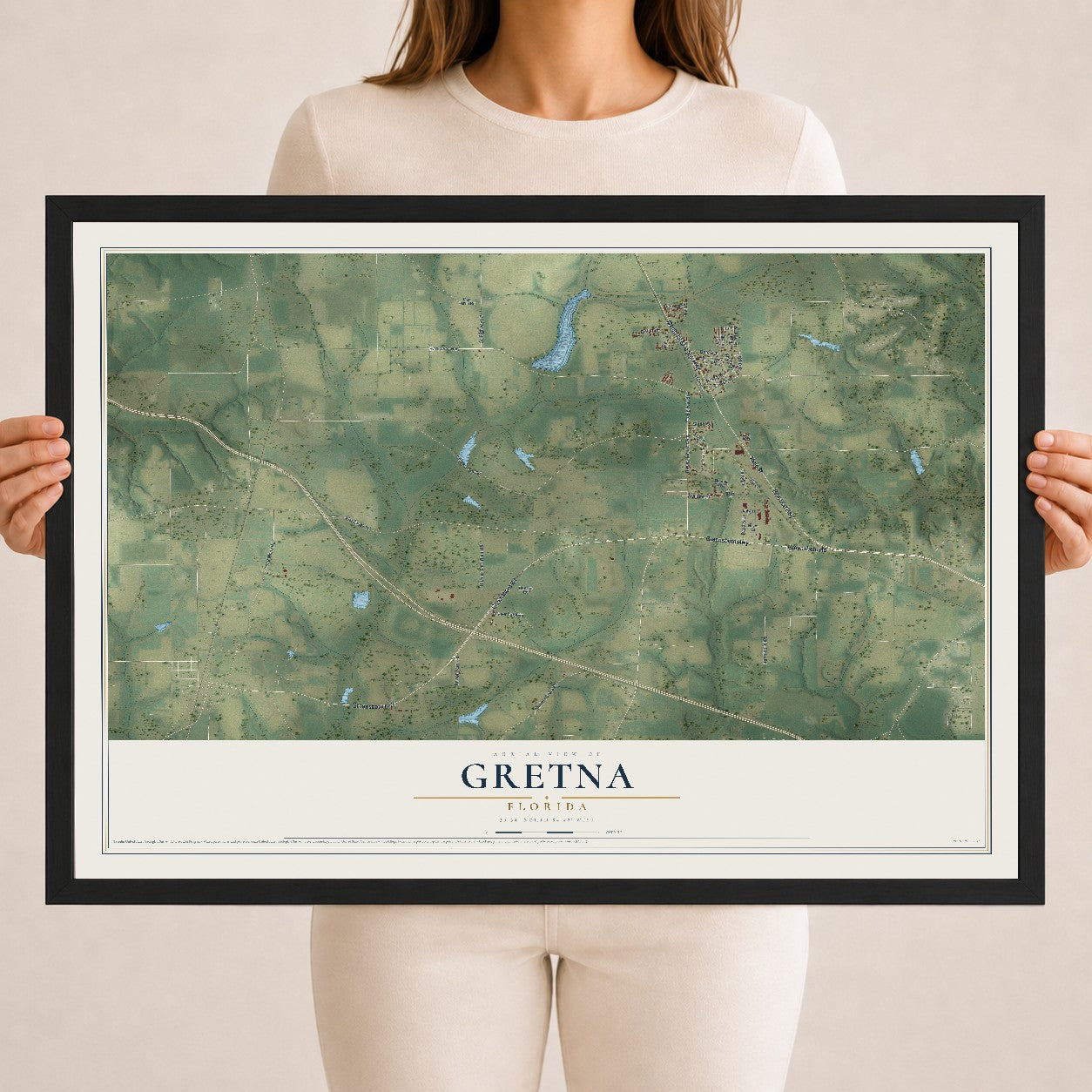 Gretna, Florida map print, 18" x 24" W/ Black Ayous Wood Frame mockup