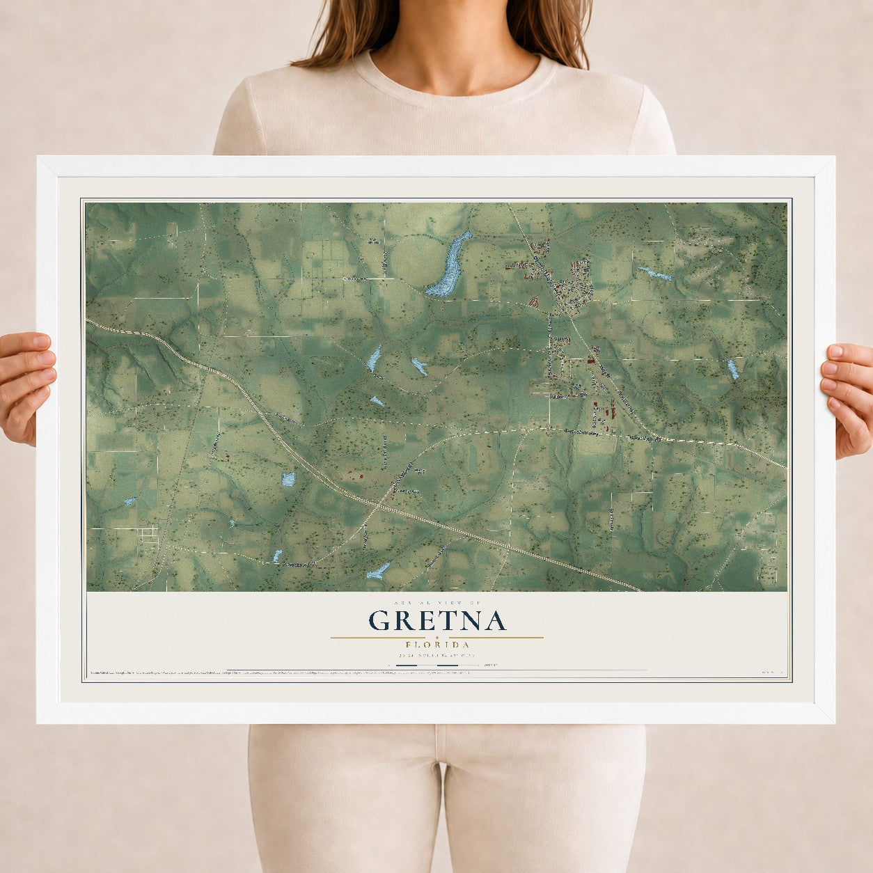 Gretna, Florida map print, 18" x 24" W/ White Ayous Wood Frame mockup