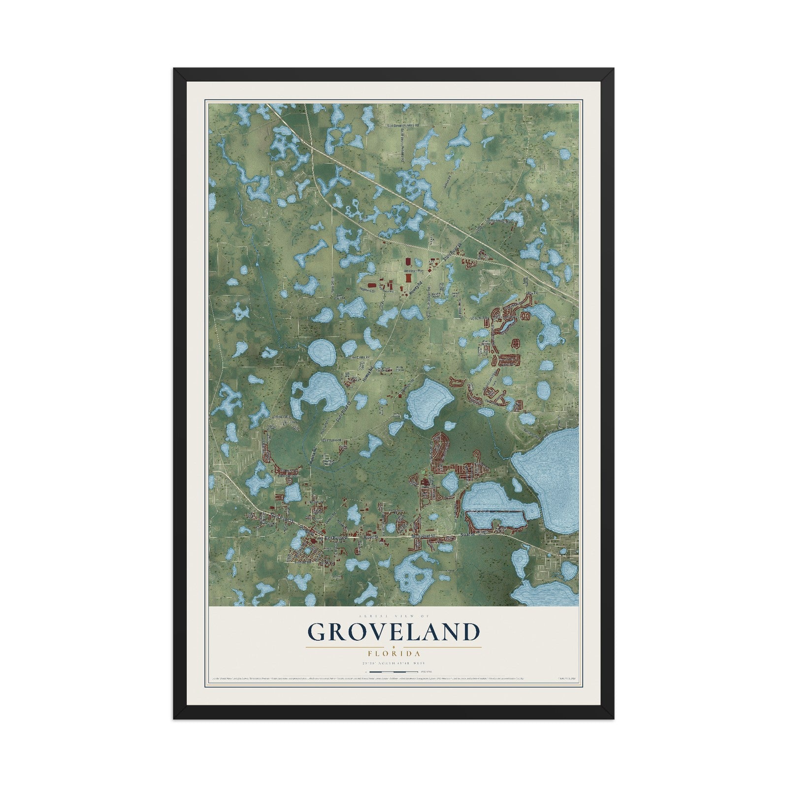 Groveland, Florida map print, 12" x 18" W/ Black Ayous Wood Frame mockup