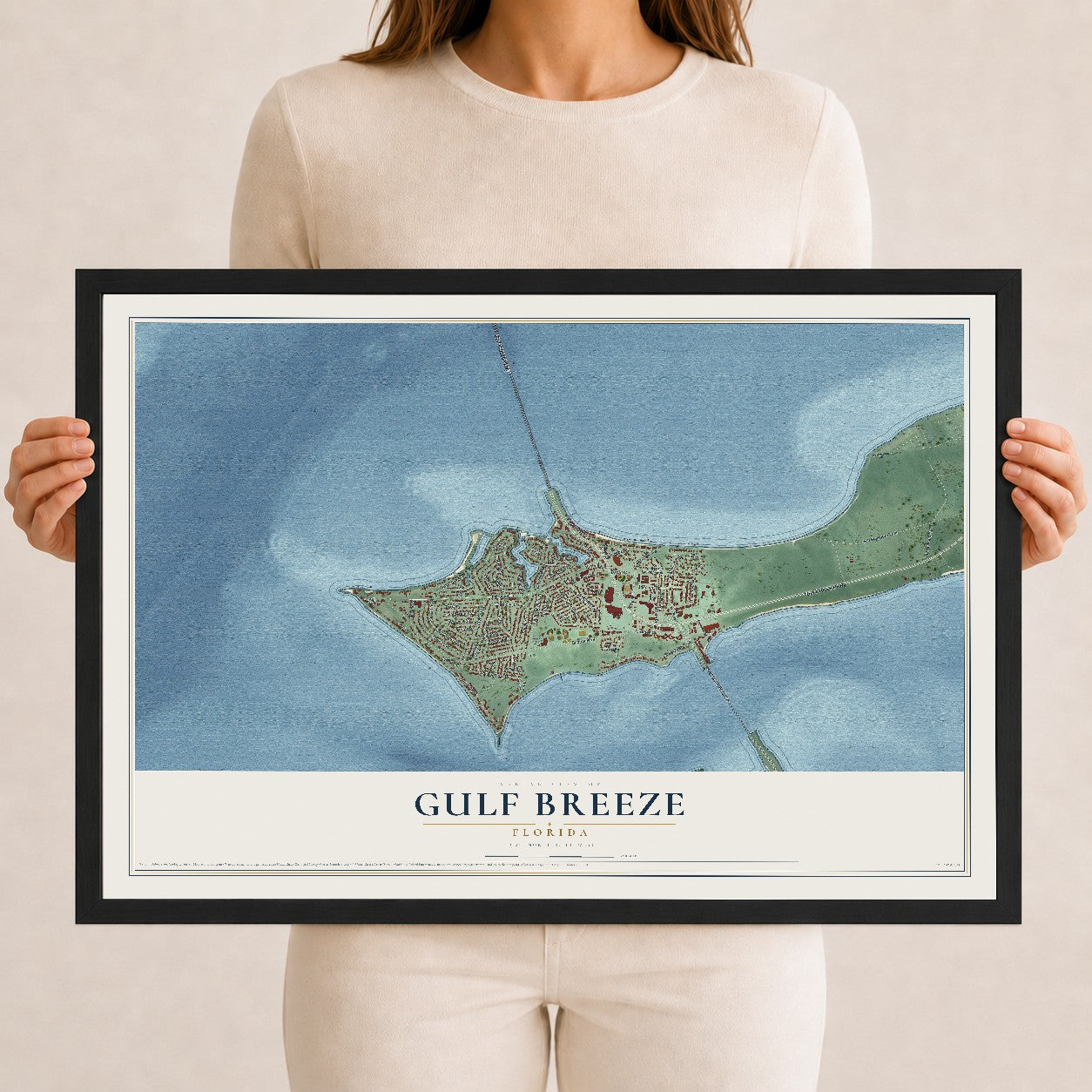 Gulf Breeze, Florida map print, 12" x 18" W/ Black Ayous Wood Frame mockup