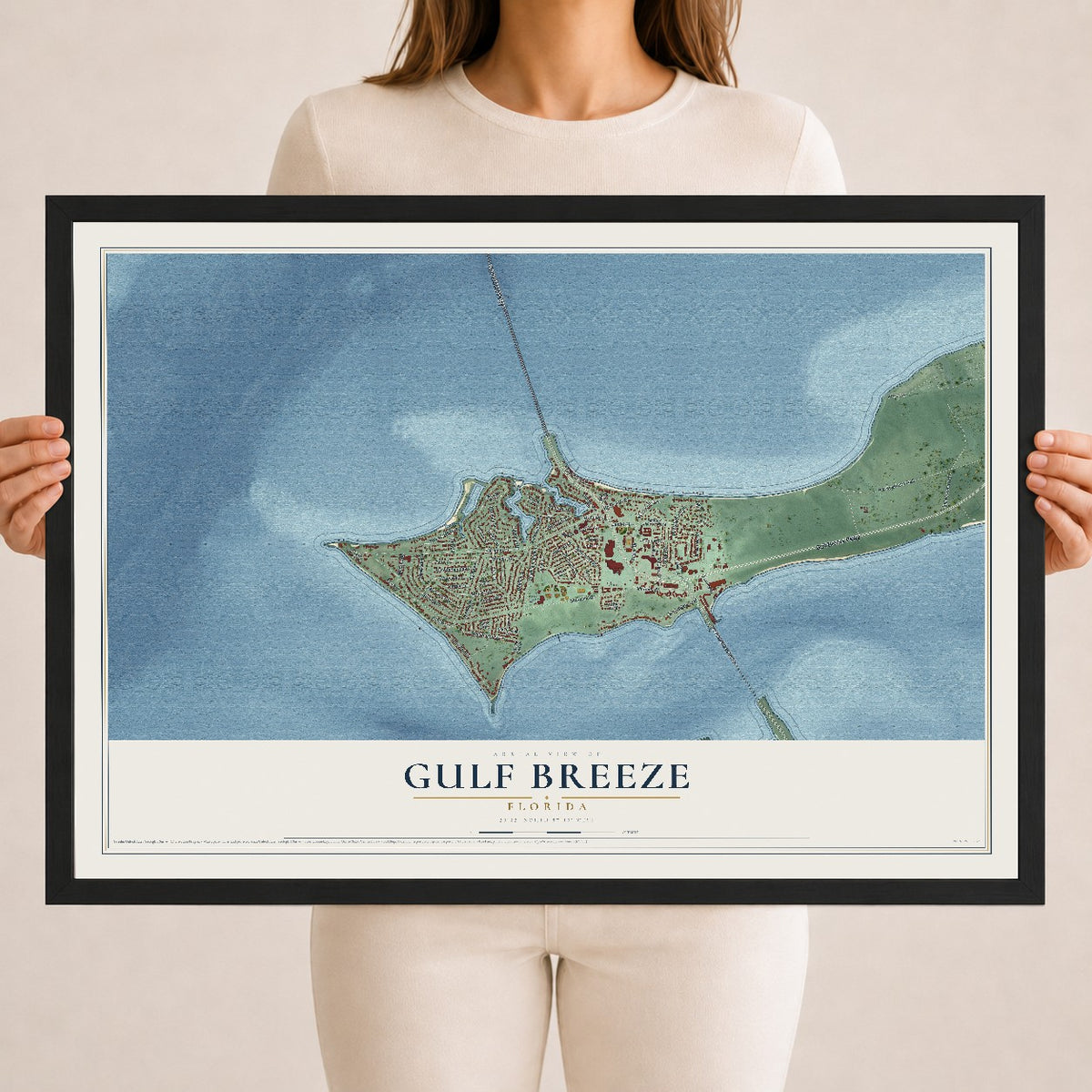 Gulf Breeze, Florida map print, 18" x 24" W/ Black Ayous Wood Frame mockup