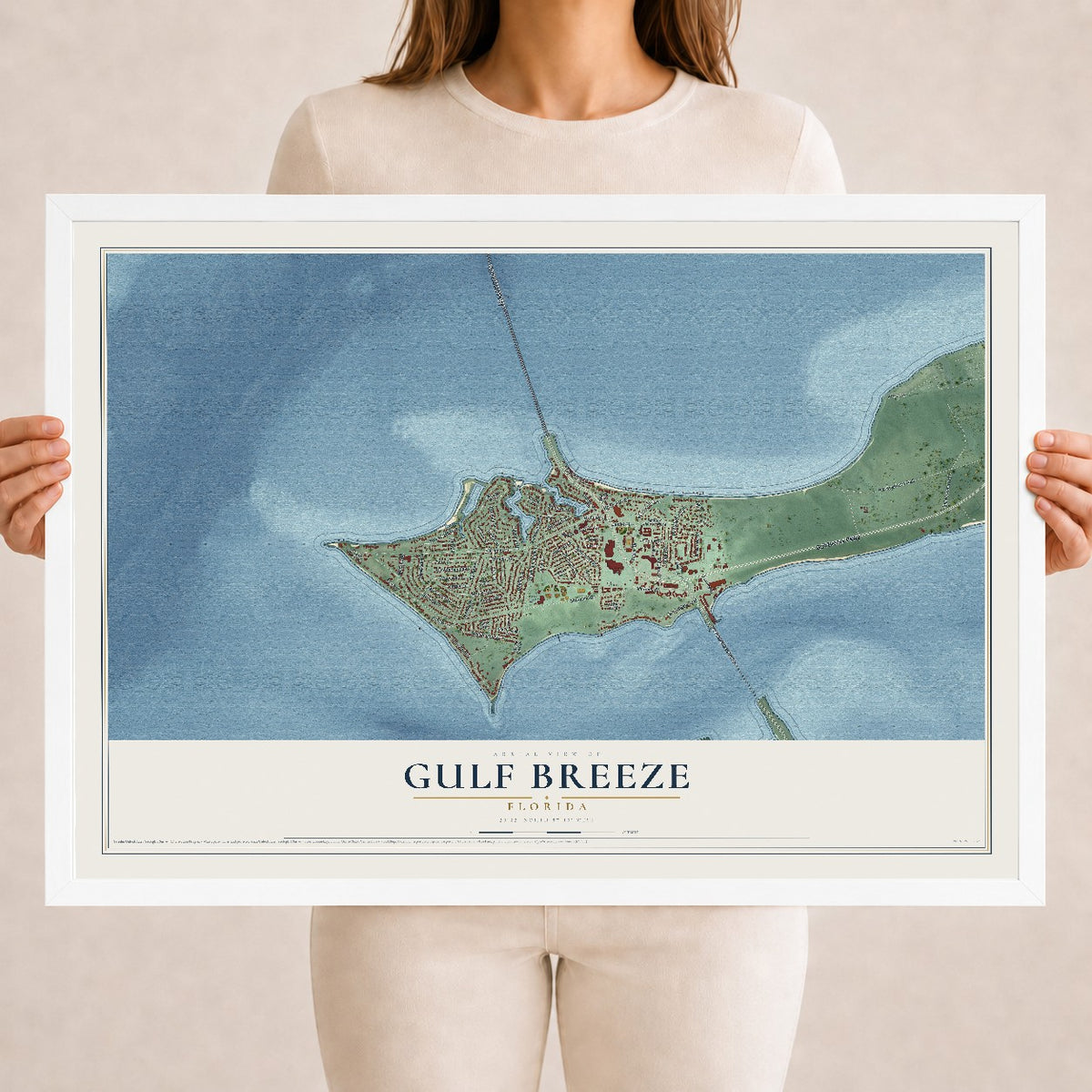 Gulf Breeze, Florida map print, 18" x 24" W/ White Ayous Wood Frame mockup