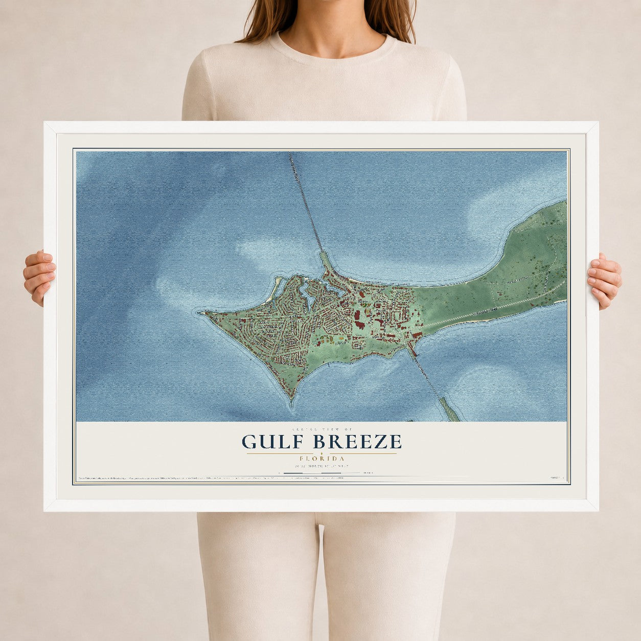 Gulf Breeze, Florida map print, 24" x 36" W/ White Ayous Wood Frame mockup