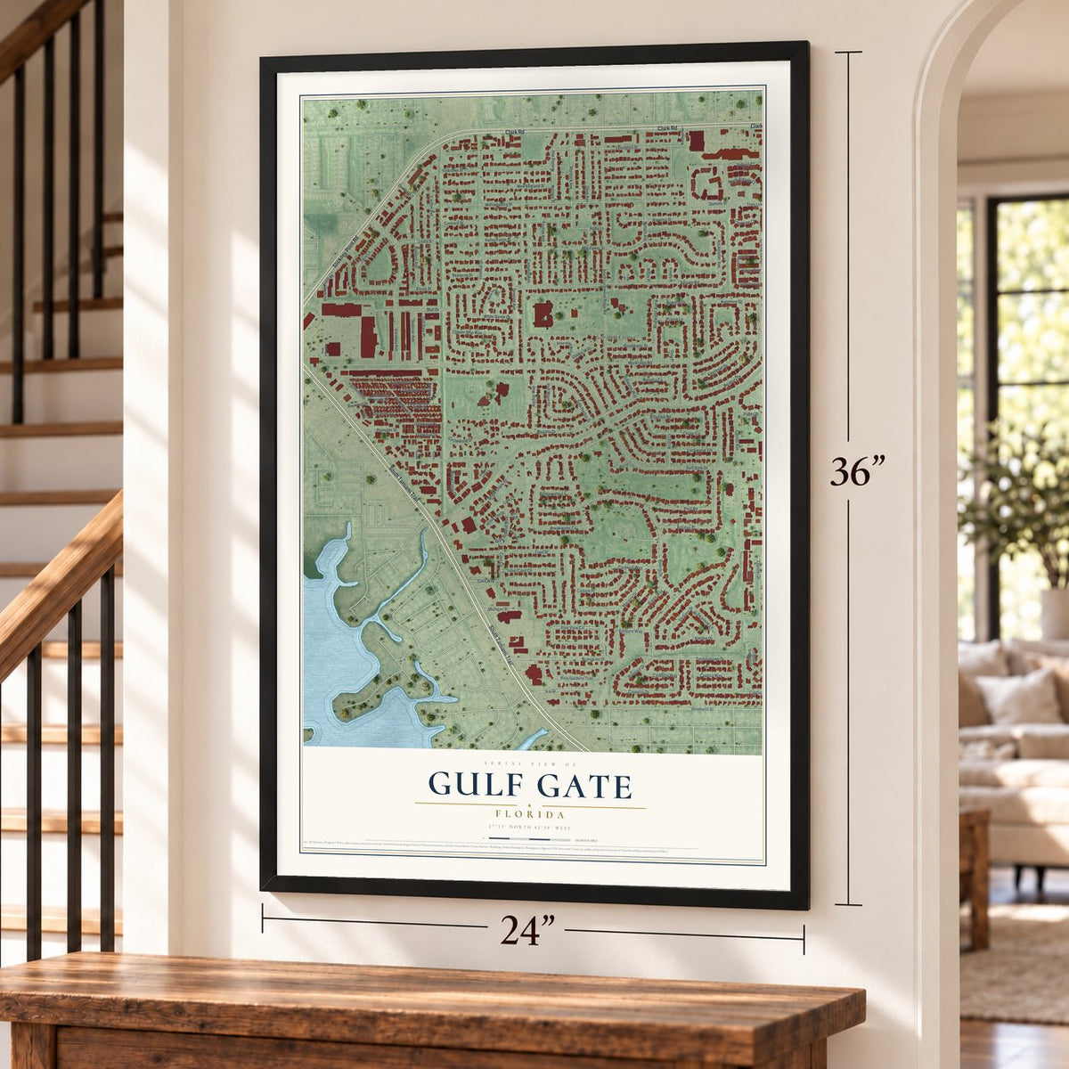 Gulf Gate, Florida map, 24 x 36 inch print in a black frame by a staircase