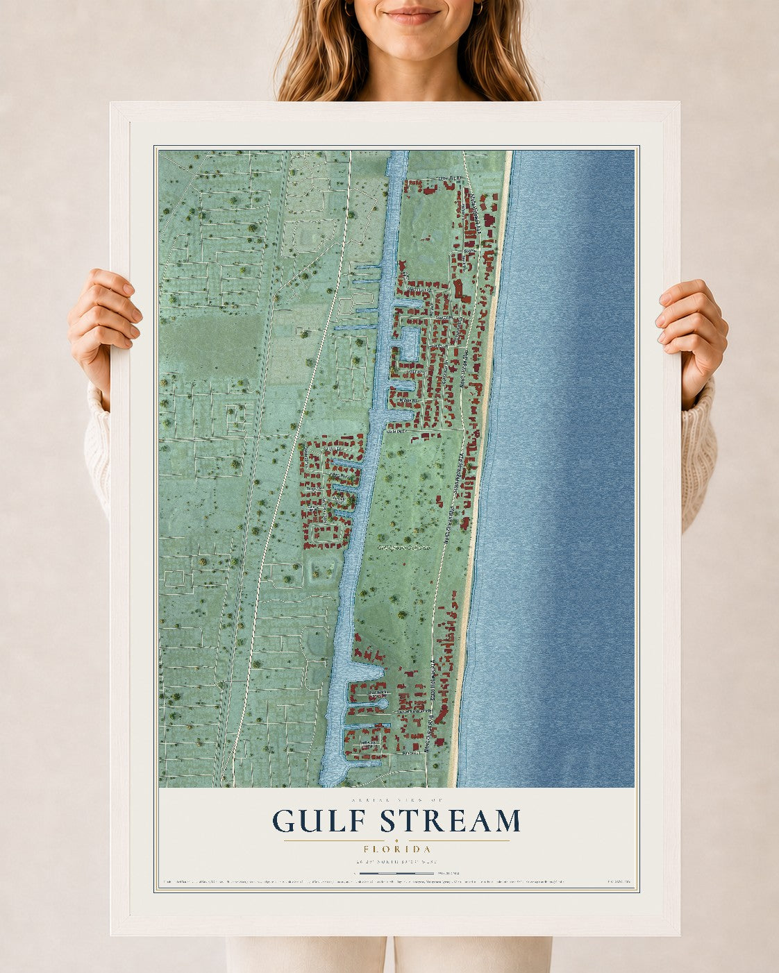 Gulf Stream, Florida map print, 24" x 36" W/ White Ayous Wood Frame mockup