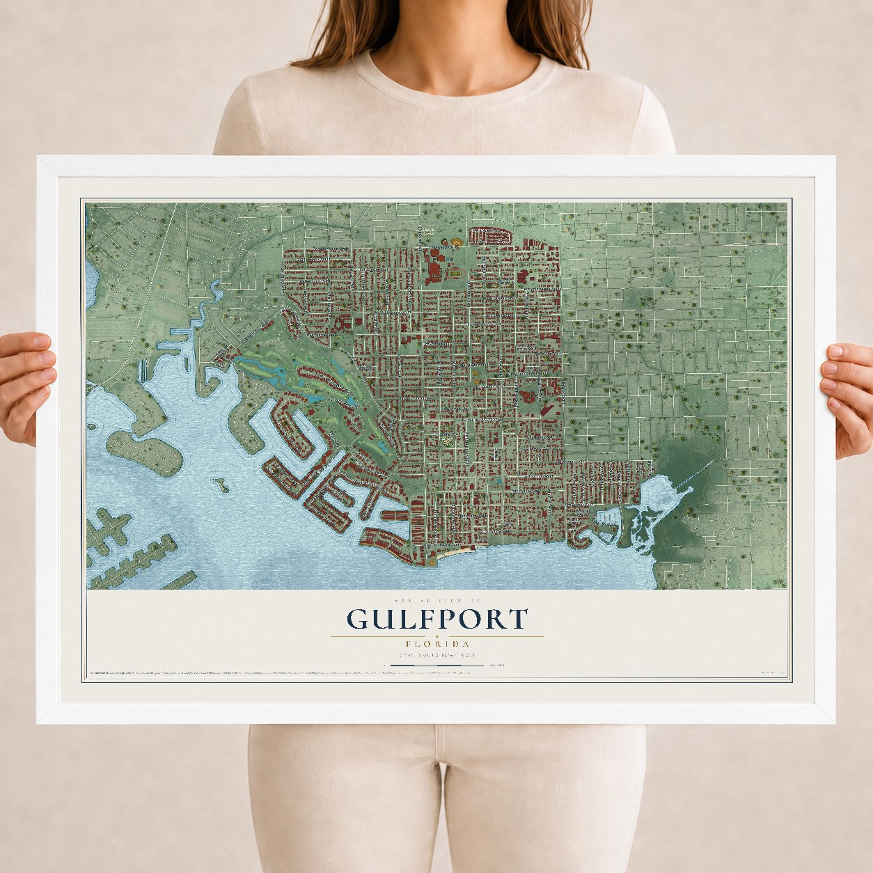 Gulfport, Florida map print, 18" x 24" W/ White Ayous Wood Frame mockup