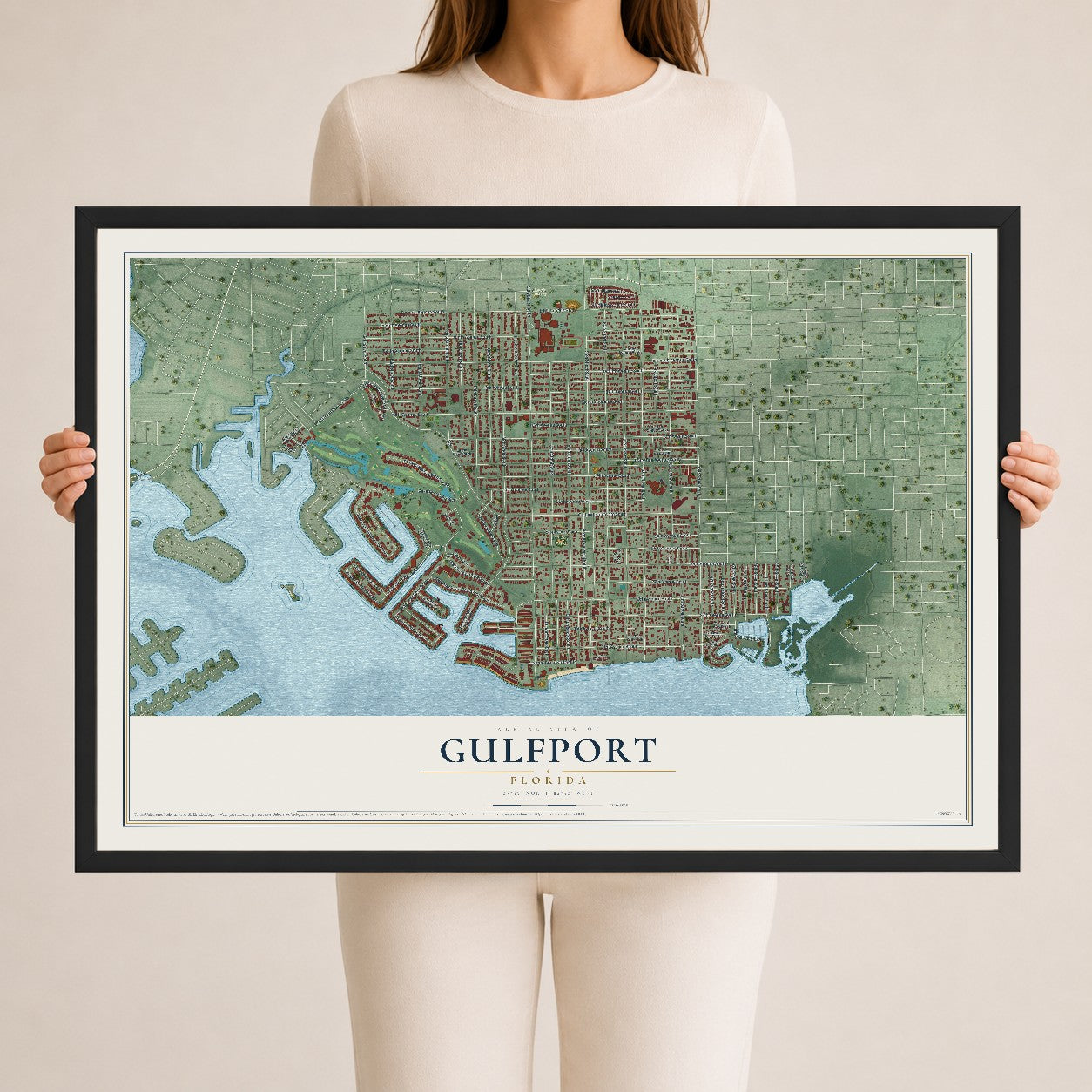 Gulfport, Florida map print, 24" x 36" W/ Black Ayous Wood Frame mockup
