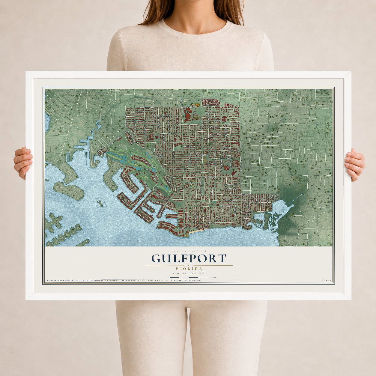 Gulfport, Florida map print, 24" x 36" W/ White Ayous Wood Frame mockup