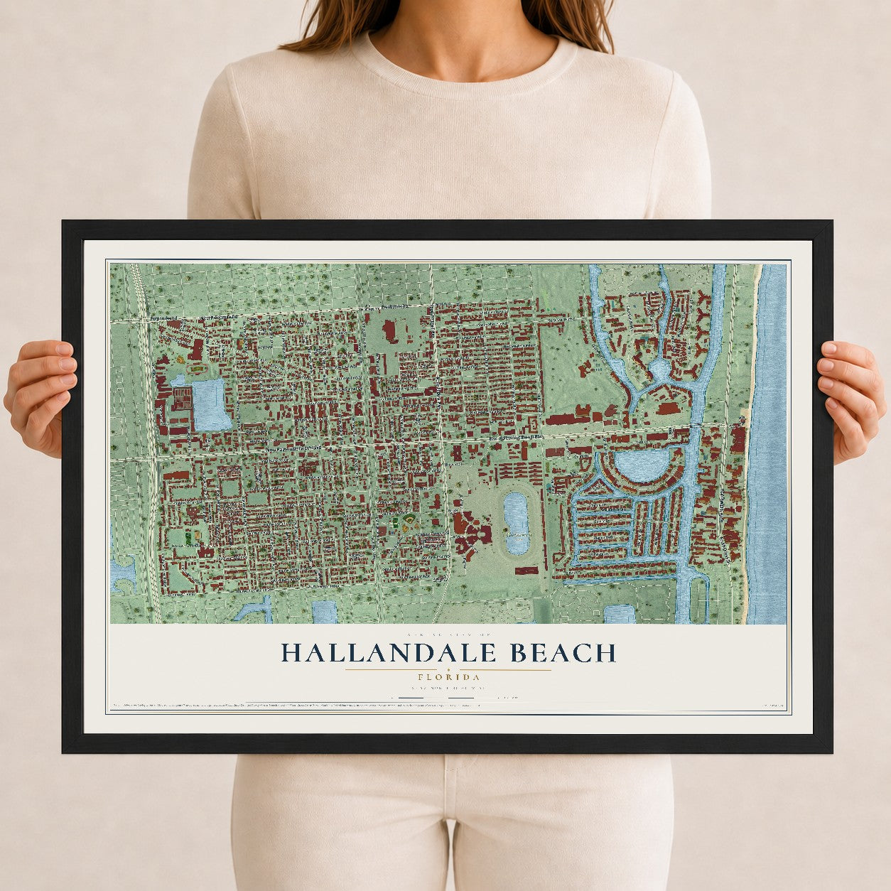 Hallandale Beach, Florida map print, 12" x 18" W/ Black Ayous Wood Frame mockup