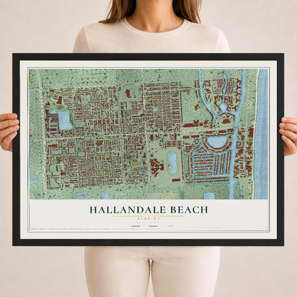 Hallandale Beach, Florida map print, 18" x 24" W/ Black Ayous Wood Frame mockup