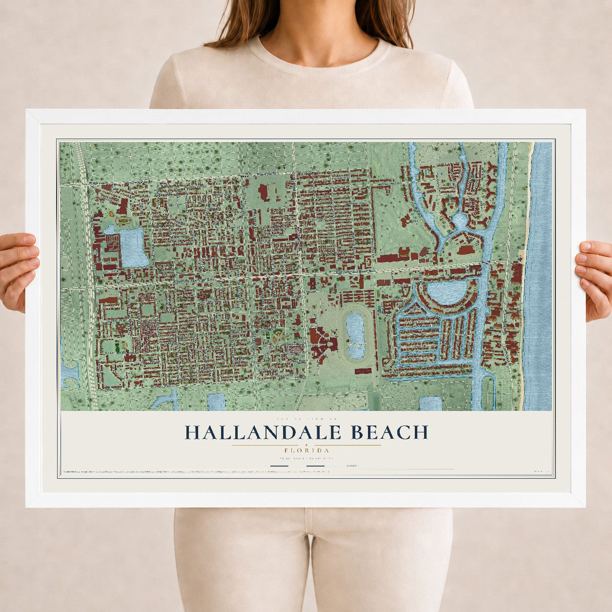 Hallandale Beach, Florida map print, 18" x 24" W/ White Ayous Wood Frame mockup