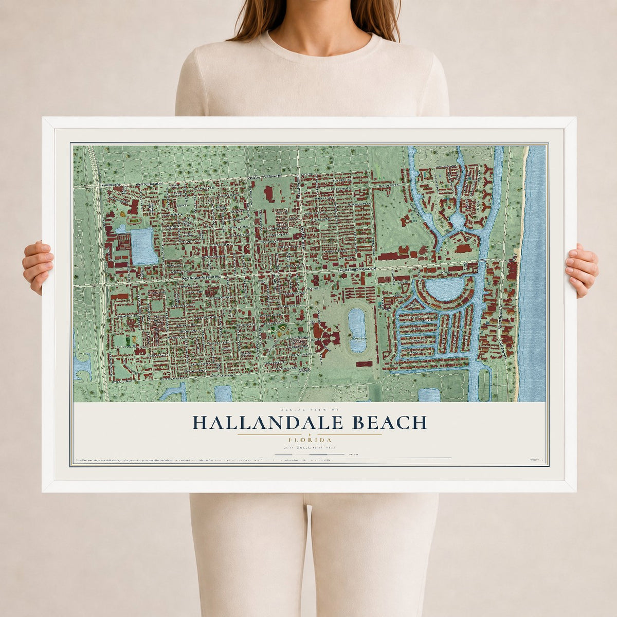 Hallandale Beach, Florida map print, 24" x 36" W/ White Ayous Wood Frame mockup
