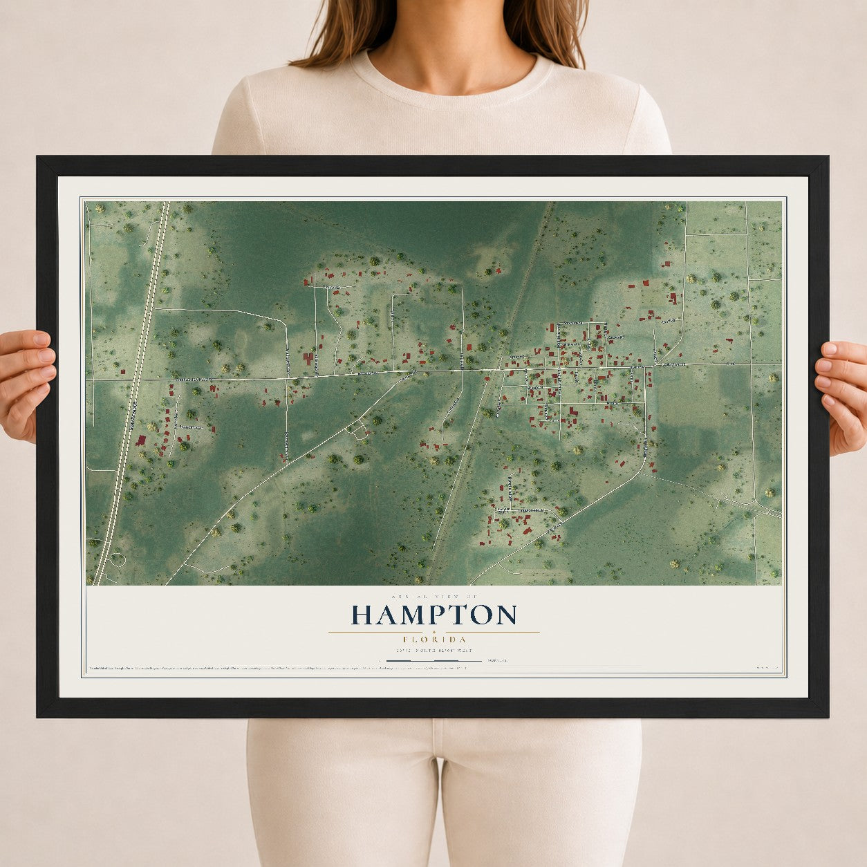 Hampton, Florida map print, 18" x 24" W/ Black Ayous Wood Frame mockup