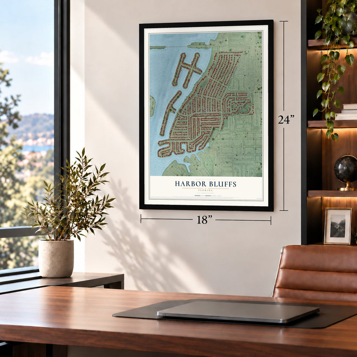 Harbor Bluffs, Florida map, 18 x 24 inch print in a black frame in a home office