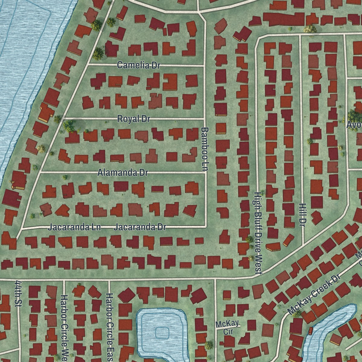 Close-up of the map of Harbor Bluffs, Florida print showing street and building detail