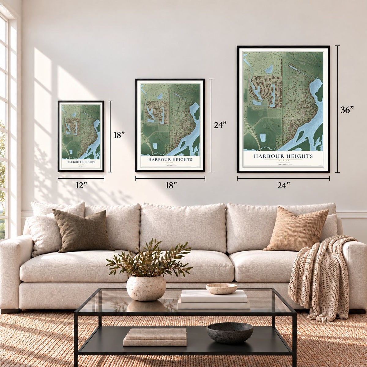 Harbour Heights, Florida map in 12 x 18, 18 x 24 and 24 x 36 inch sizes above a sofa