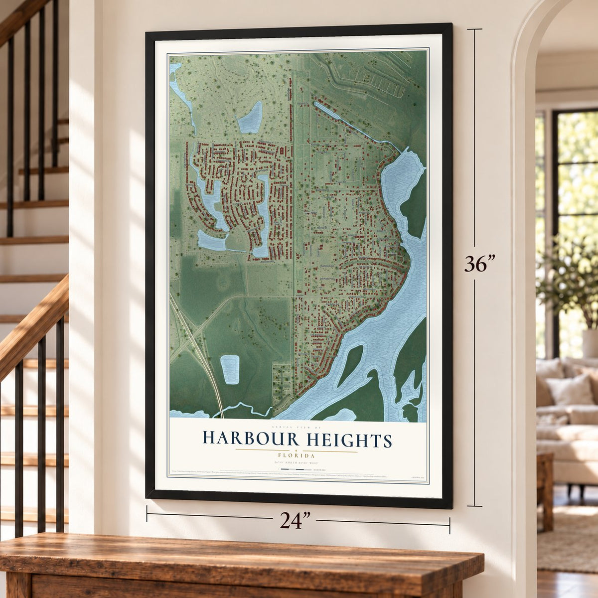 Harbour Heights, Florida map, 24 x 36 inch print in a black frame by a staircase