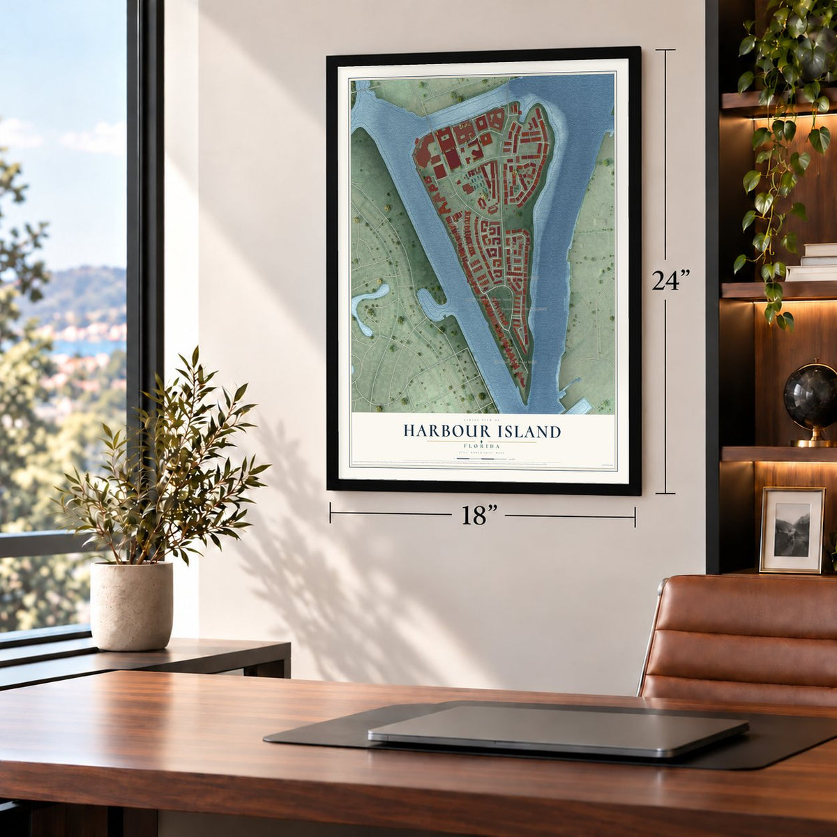 Harbour Island, Florida map, 18 x 24 inch print in a black frame in a home office