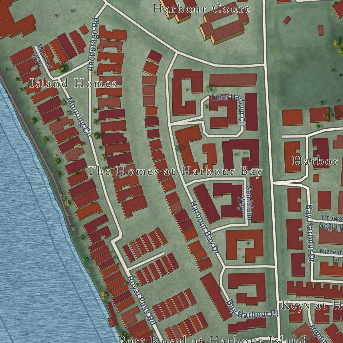 Close-up of the map of Harbour Island, Florida print showing street and building detail