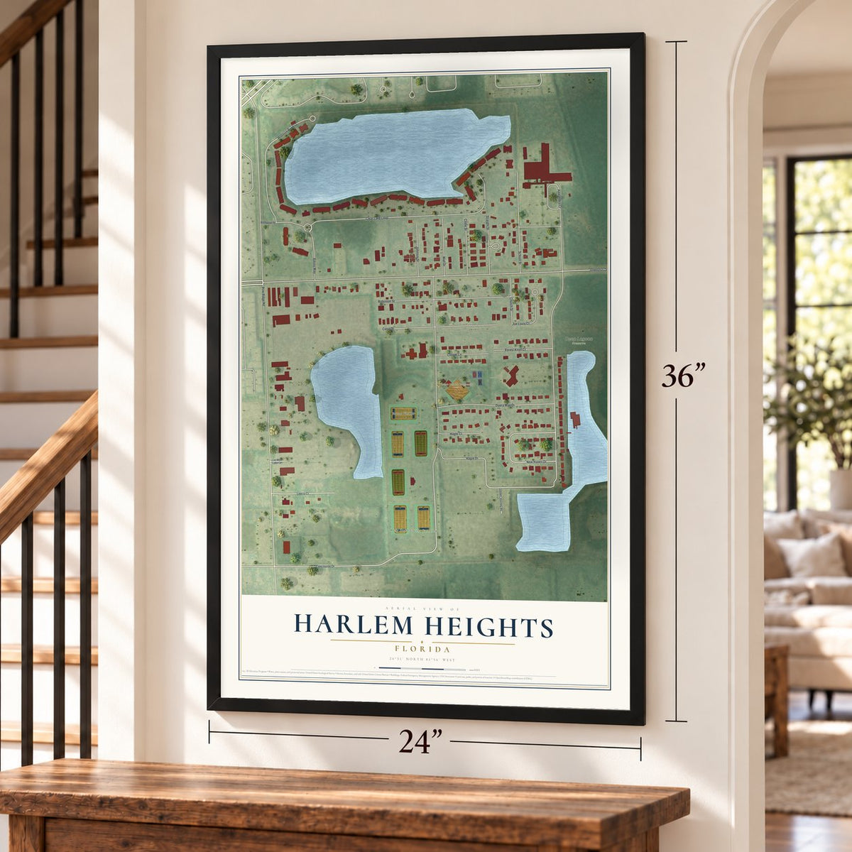 Harlem Heights, Florida map, 24 x 36 inch print in a black frame by a staircase