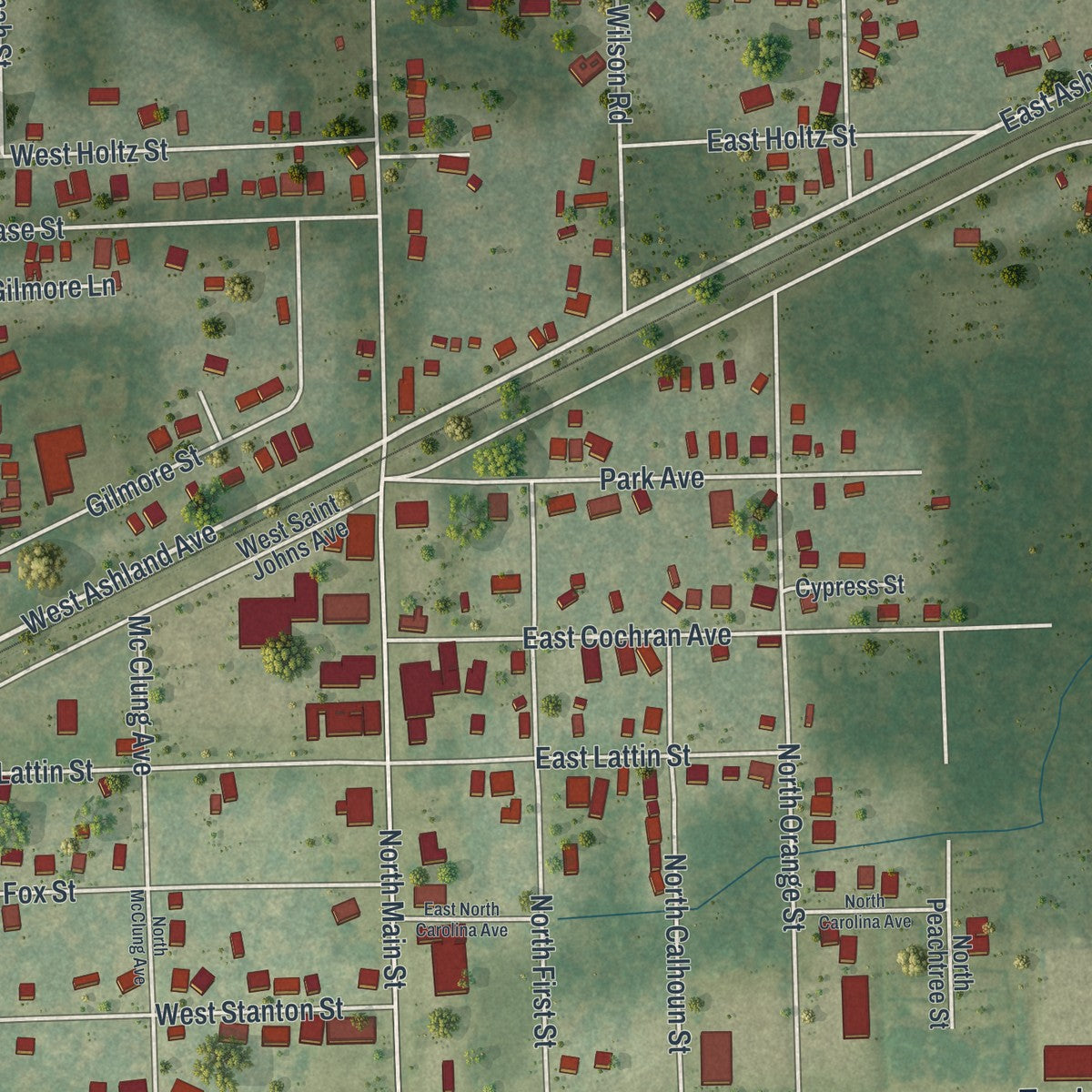 Close-up of the map of Hastings, Florida print showing street and building detail