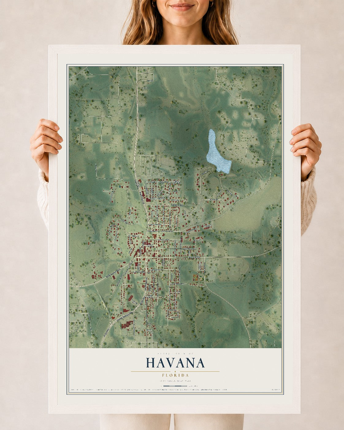 Havana, Florida map print, 24" x 36" W/ White Ayous Wood Frame mockup