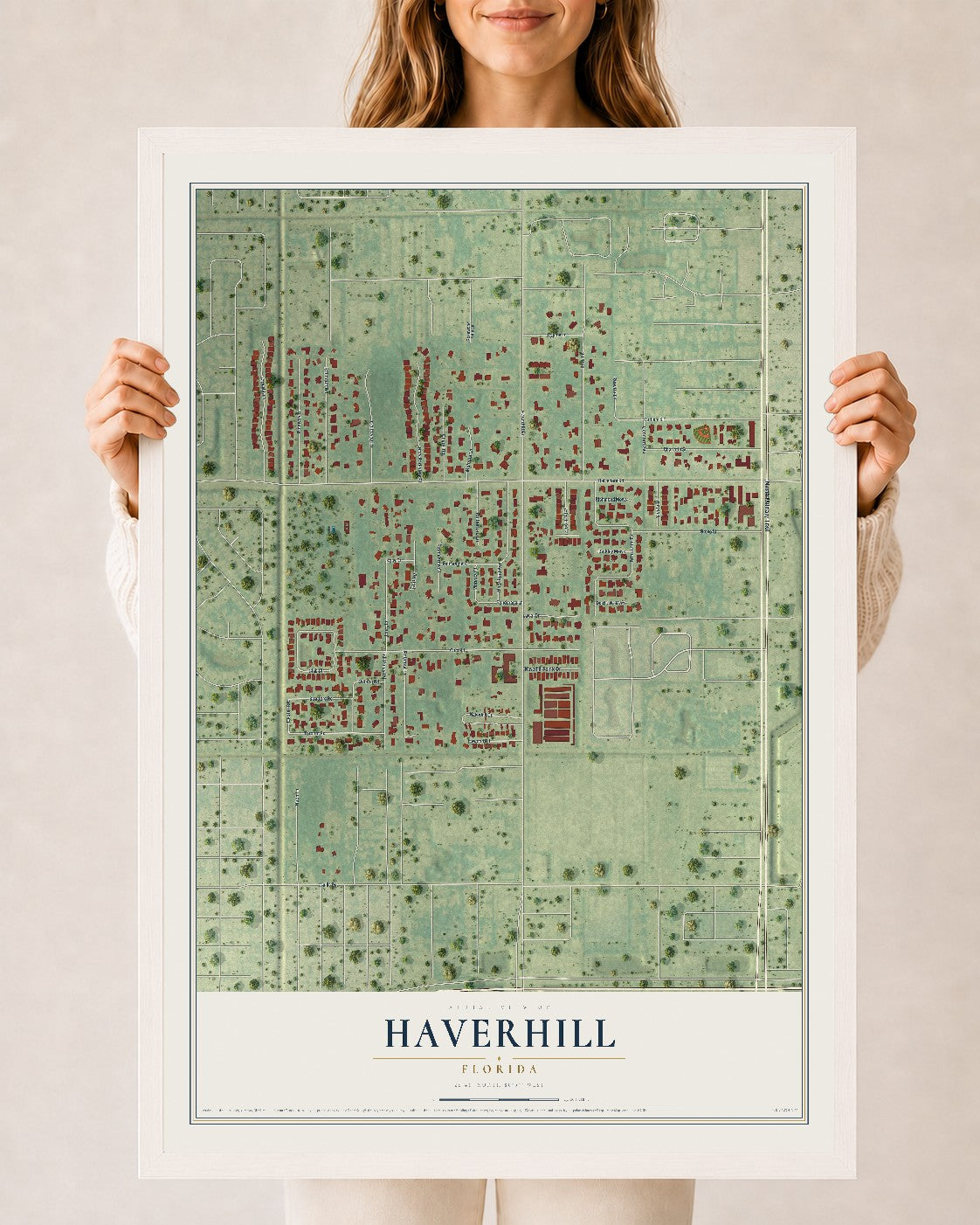 Haverhill, Florida map print, 24" x 36" W/ White Ayous Wood Frame mockup