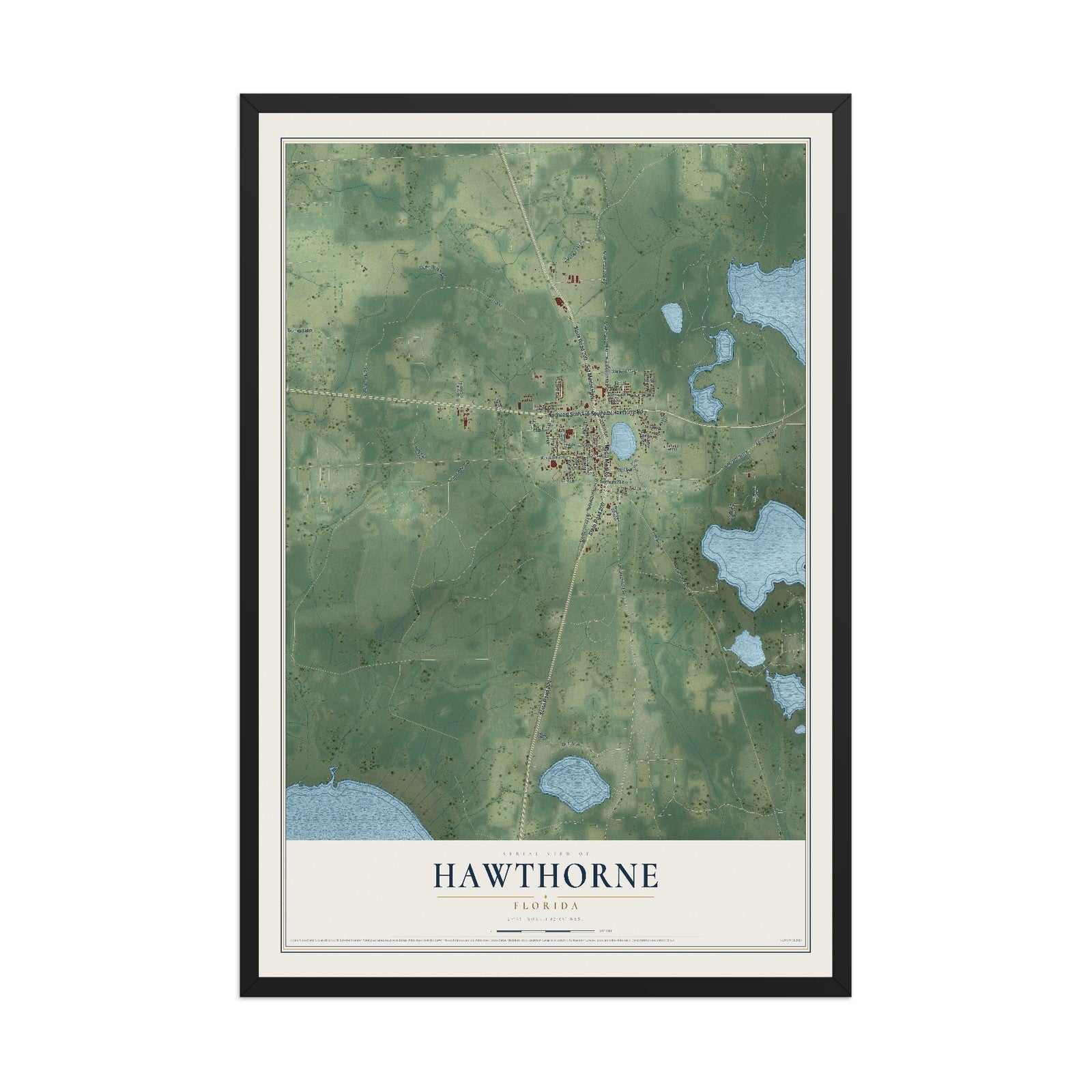 Hawthorne, Florida map print, 12" x 18" W/ Black Ayous Wood Frame mockup
