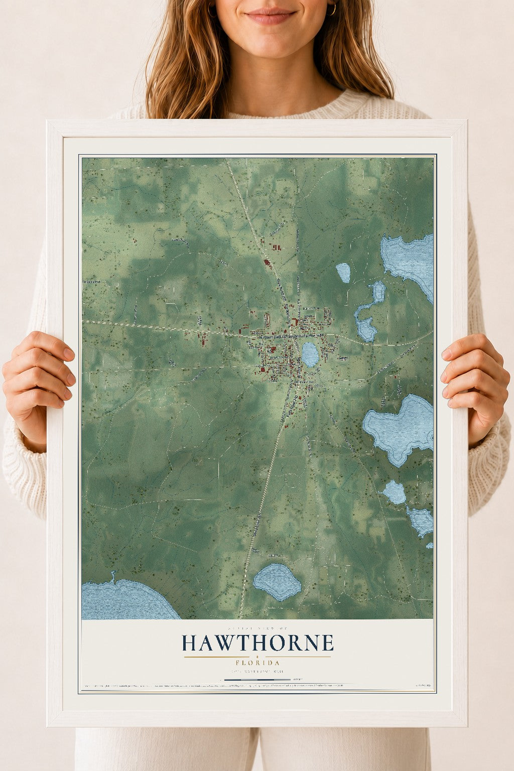 Hawthorne, Florida map print, 18" x 24" W/ White Ayous Wood Frame mockup