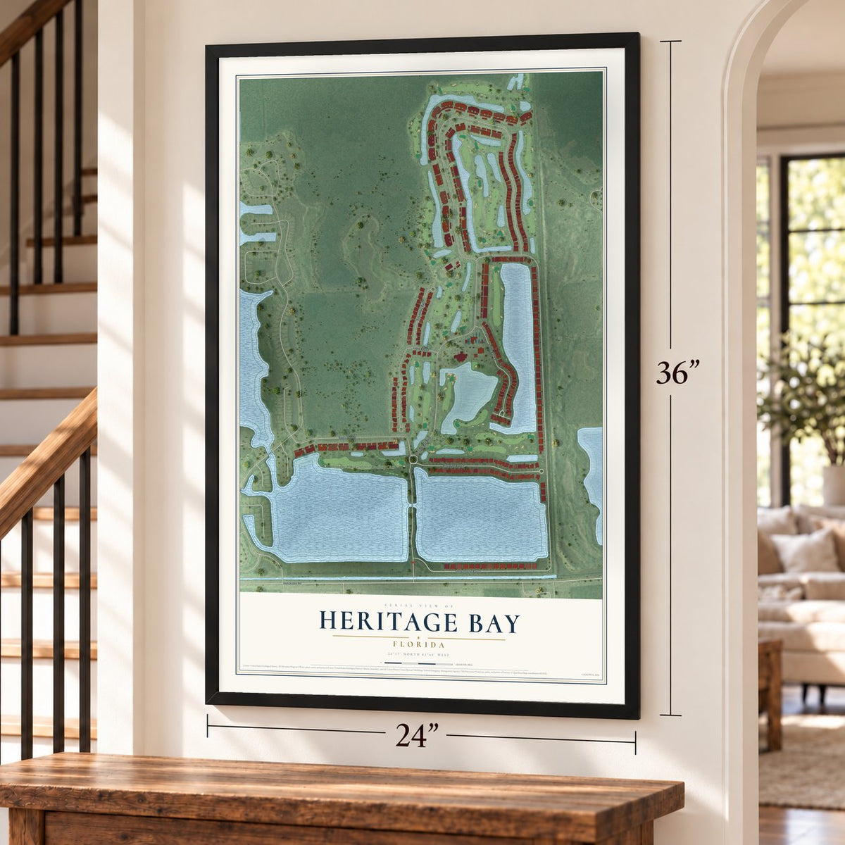 Heritage Bay, Florida map, 24 x 36 inch print in a black frame by a staircase