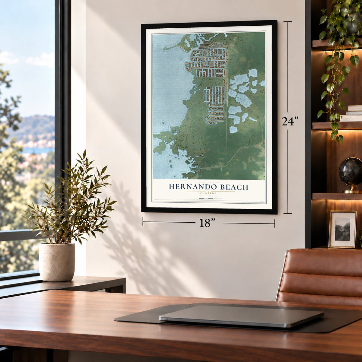 Hernando Beach, Florida map, 18 x 24 inch print in a black frame in a home office