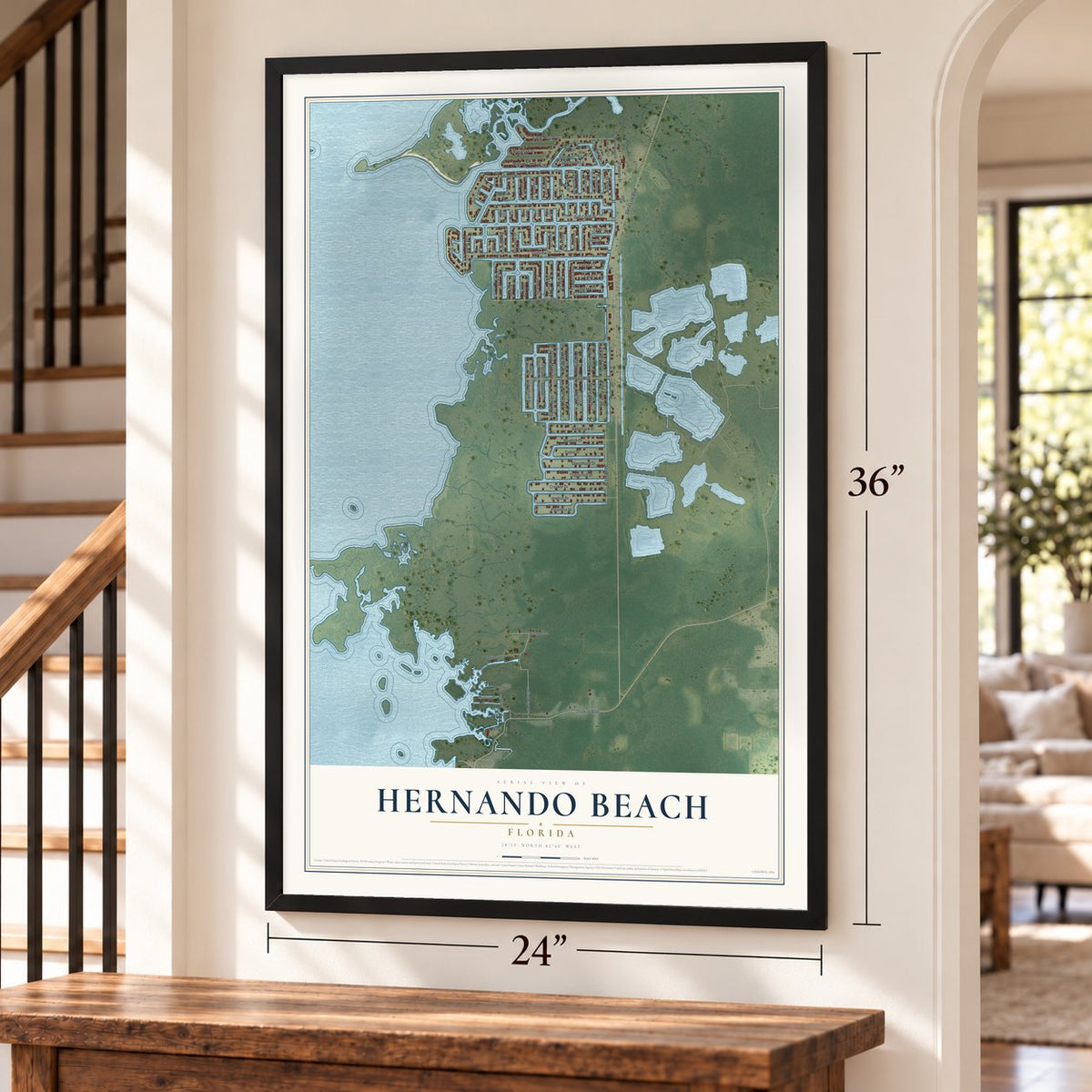 Hernando Beach, Florida map, 24 x 36 inch print in a black frame by a staircase