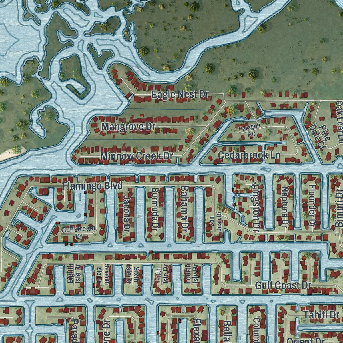 Close-up of the map of Hernando Beach, Florida print showing street and building detail