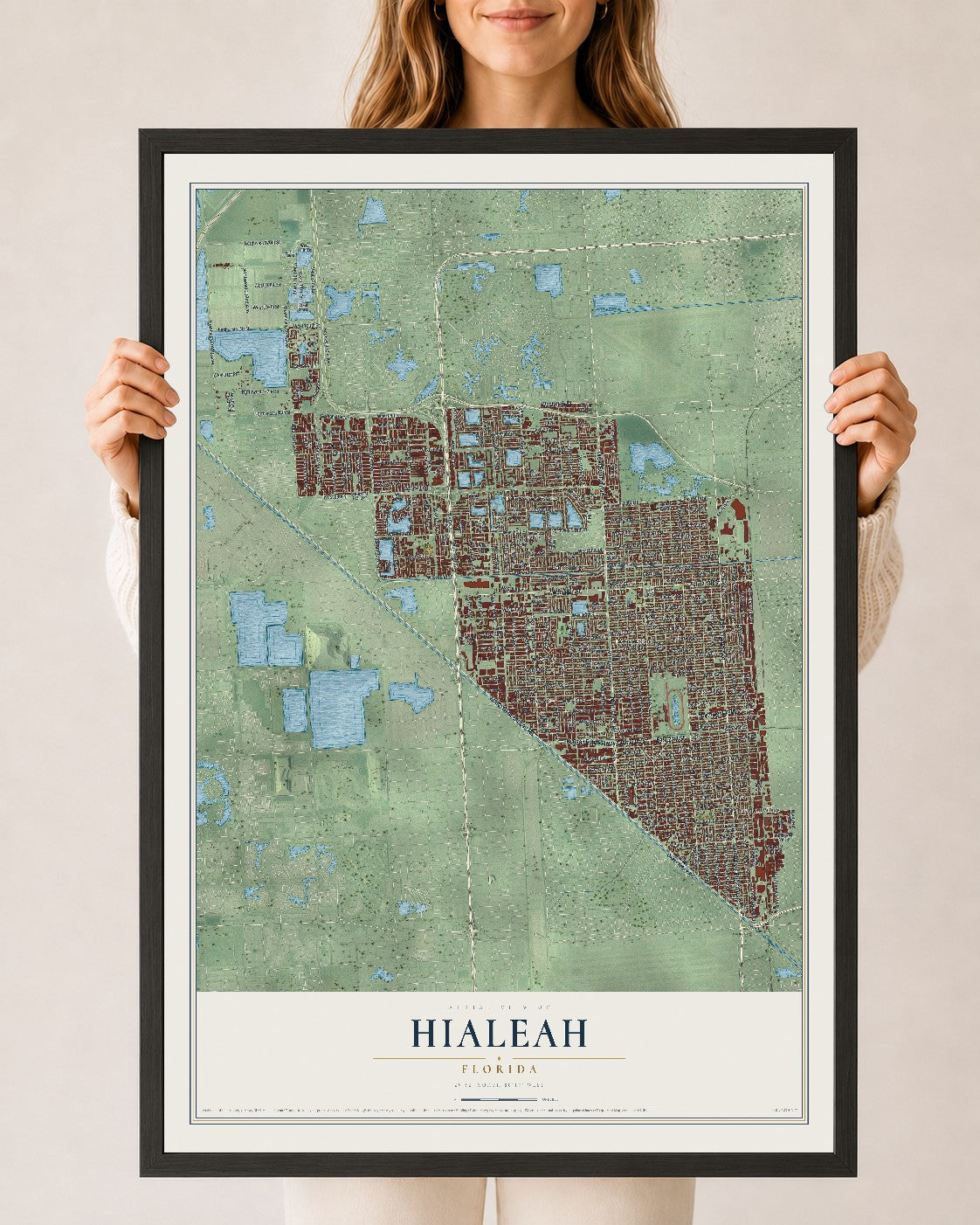 Hialeah, Florida map print, 24" x 36" W/ Black Ayous Wood Frame mockup