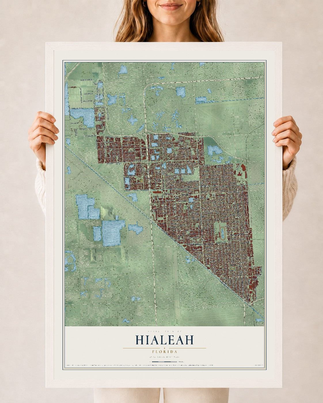 Hialeah, Florida map print, 24" x 36" W/ White Ayous Wood Frame mockup