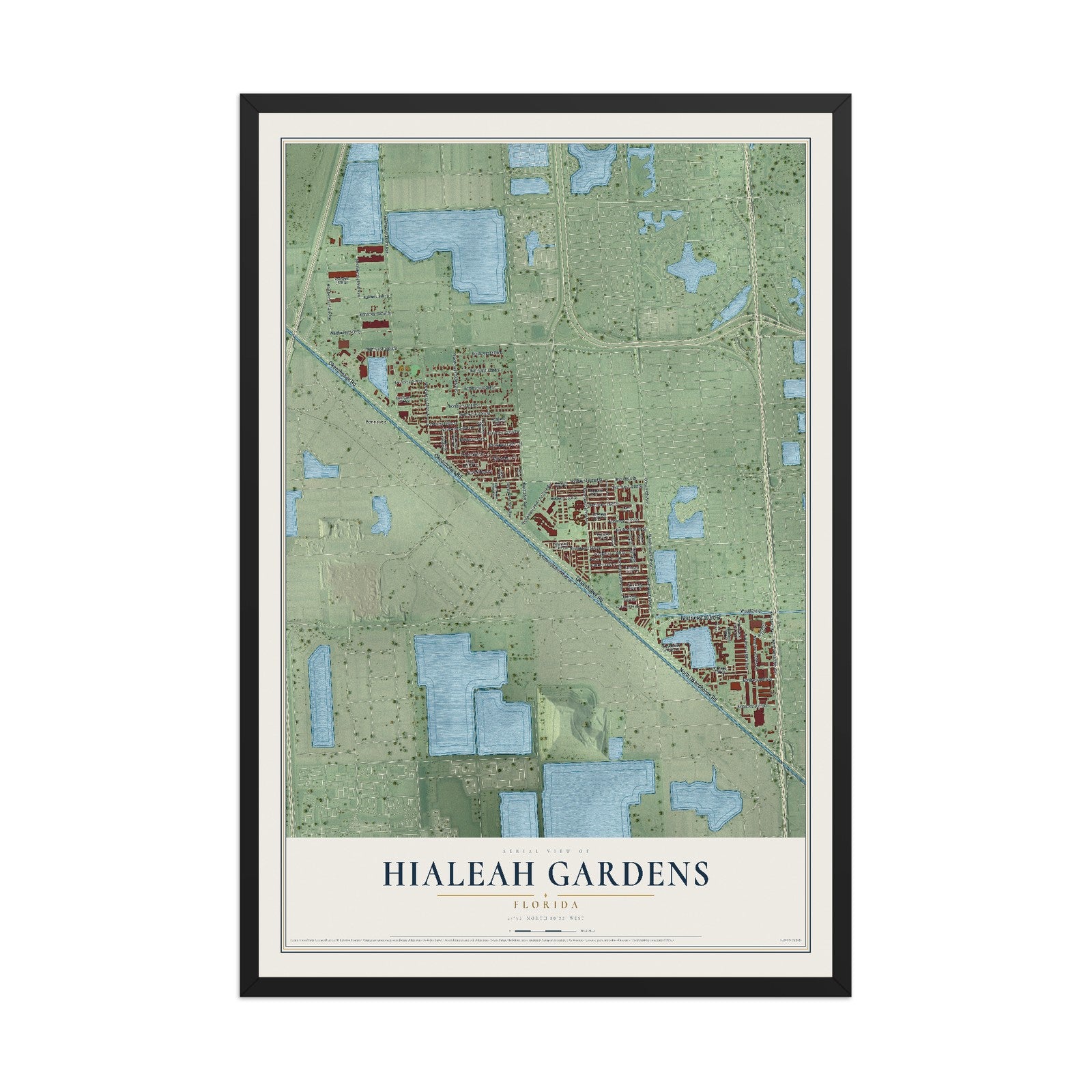 Hialeah Gardens, Florida map print, 12" x 18" W/ Black Ayous Wood Frame mockup