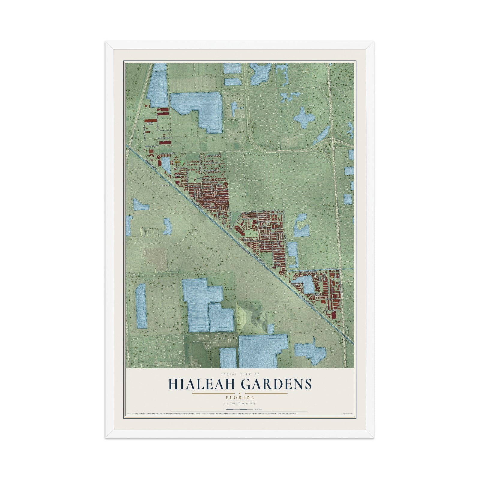 Hialeah Gardens, Florida map print, 12" x 18" W/ White Ayous Wood Frame mockup