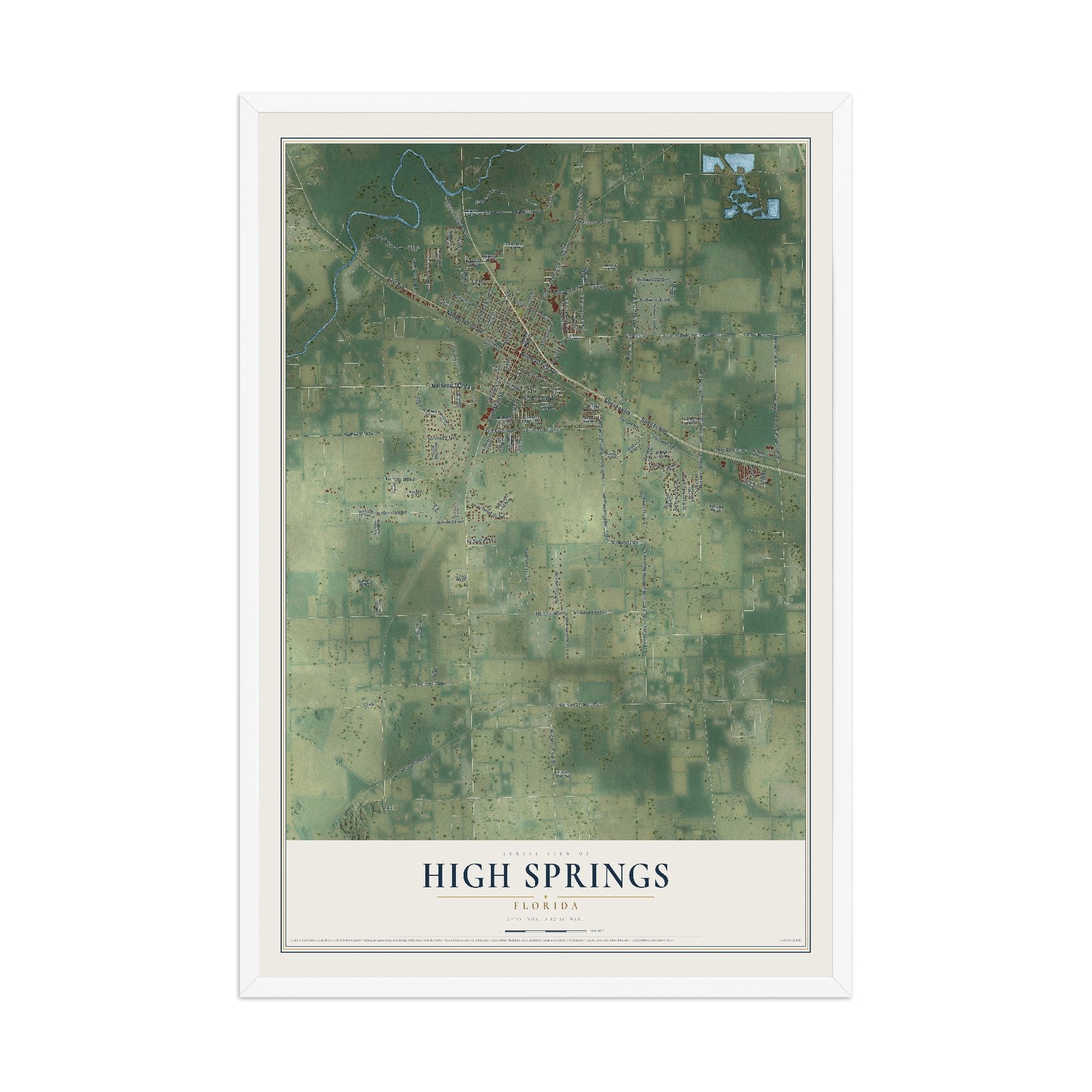 High Springs, Florida map print, 12" x 18" W/ White Ayous Wood Frame mockup