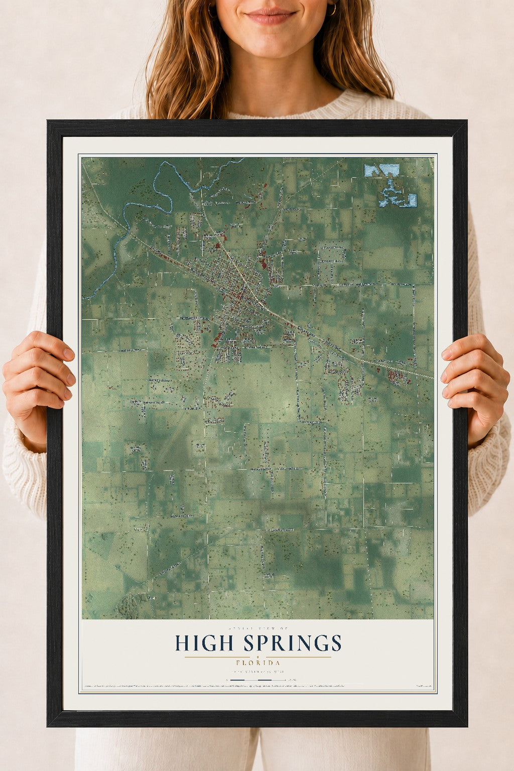 High Springs, Florida map print, 18" x 24" W/ Black Ayous Wood Frame mockup
